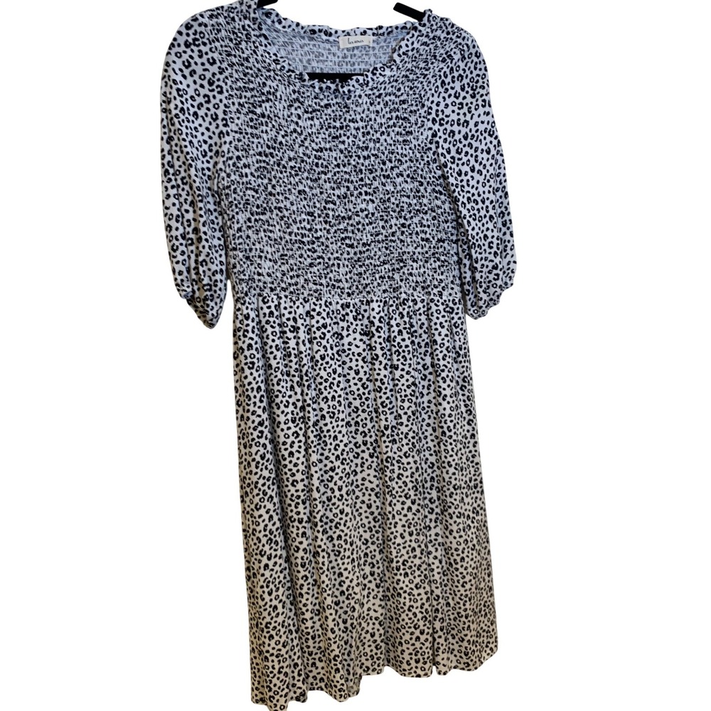 Leopard Print Smocked Midi Dress S Mob Wife Chic puff sleeve Womens  flowy comfy